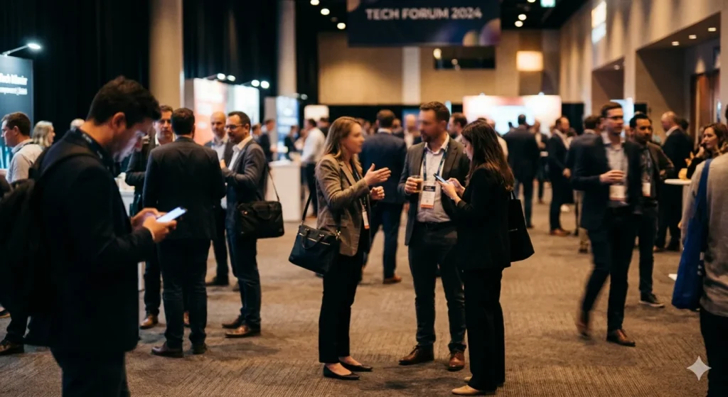 event technology at conference conference attendees using event technology modern conference event setup