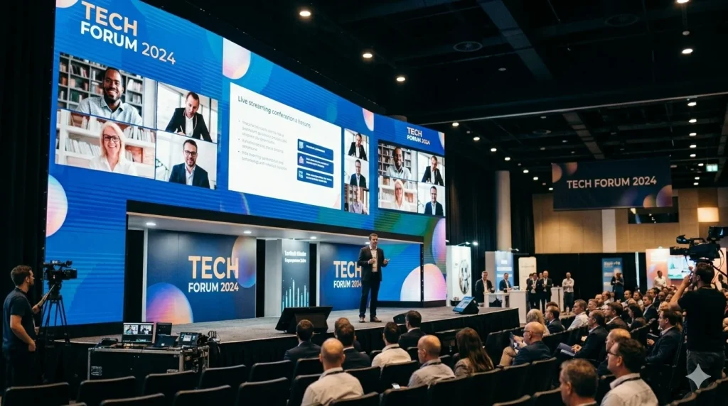 Conference stage with live streaming or hybrid audience.