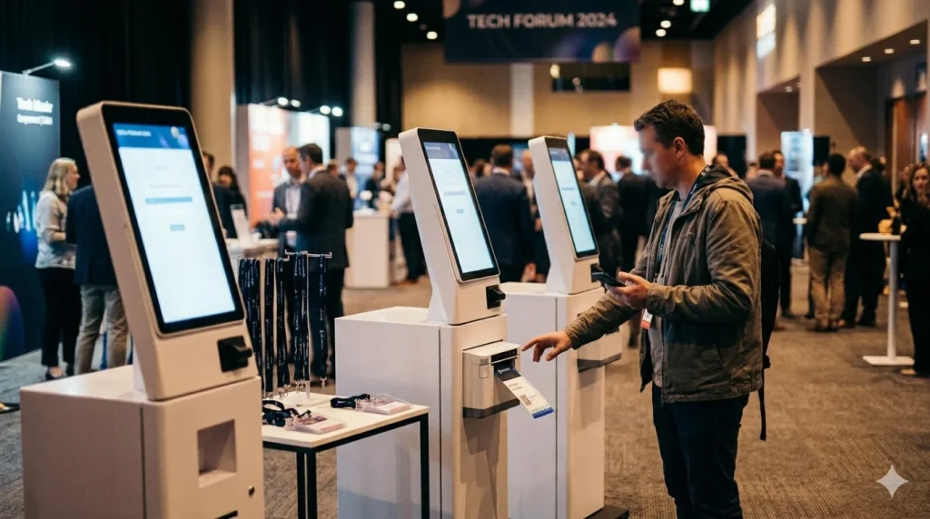 event technology trends - digital event check in kiosk conference badge printing station self service event registration technology